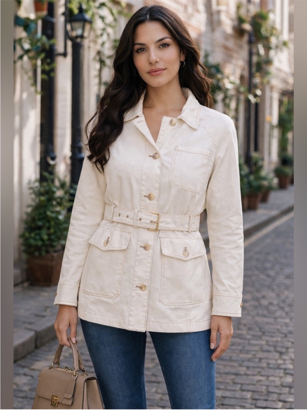 Bagatelle Belted Utility Jacket Cream Neutral Fall Coat